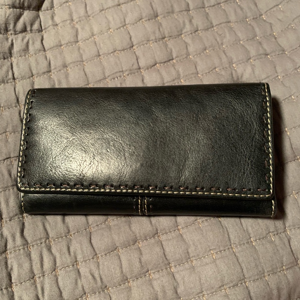Fossil Black Leather Tri-Fold Wallet with Checkbook Cover